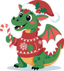 A playful Christmas dragon wearing a Santa hat with holly, a cozy snowflake sweater, and holding a red candy cane.