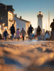 Coastal street children spin joyfully while adults stroll with warm drinks along sandy pathways near the lighthouse