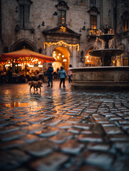 Children joyfully chase a playful dog around a beautifully decorated fountain in a lively piazza during the evening