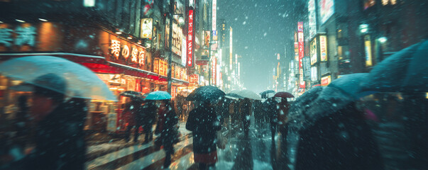 Pedestrians hurry through a snowy city street under colorful umbrellas at nightfall