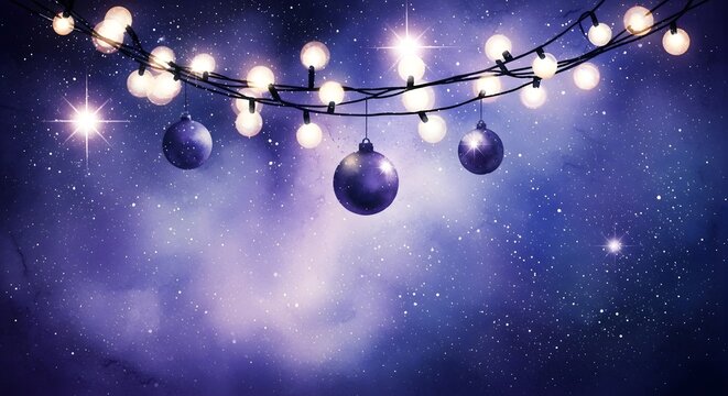 Watercolor background, decorative garlands with purple ornaments on a starry background with copy spase