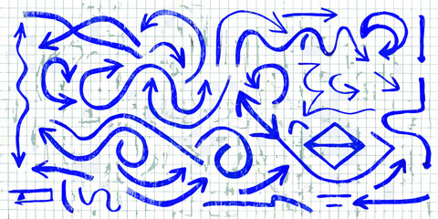 Collection of hand drawn blue arrows and symbols on a grid paper background