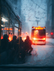 Passengers move through a snowy city as blurred snow creates a frosted backdrop and silhouettes against dim city lights