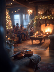 Group singing holiday carols by the fireplace in a cozy farmhouse living room with a blurred violin in the foreground