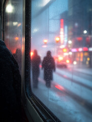 Passengers traveling through a snowy city with blurred silhouettes and frosted windows at dusk
