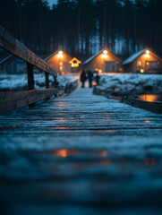 Children chase glowing lanterns along a lake dock with snow in the foreground and cozy cabins in the background during evening twilight