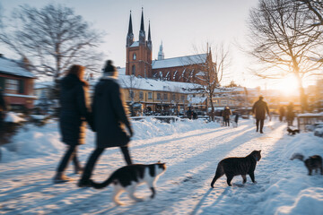 Friends walking in a village square as playful cats roam near glowing snow during a beautiful winter evening