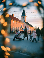 Parents navigate a village market as children play amidst festive garlands during a charming evening