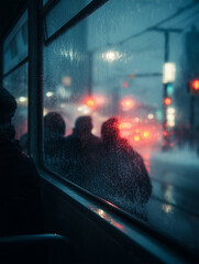Passengers moving through snowy city as silhouettes against frosted windows during a winter evening
