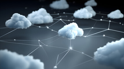 A cloud computing diagram with secure network connections and a central lock symbol, Cloud Security, dynamic and dramatic compositions, with copy space