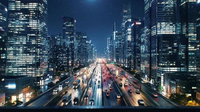 ultra-wide aerial video of a futuristic metropolis at night, showcasing towering glass skyscrapers and complex highways with countless vehicle light streaks on wet asphalt. subtle rooftop edge in