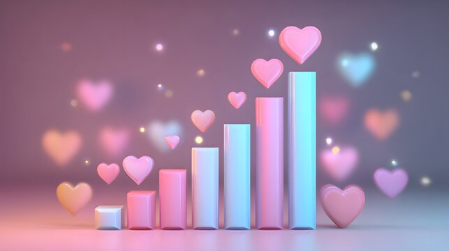Three dimensional glossy bars display increasing values adorned with floating romantic hearts and soft bokeh lights