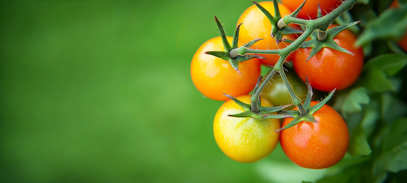 Ripe cherry tomatoes growing on a vine, showing a color gradient from green to red, fresh produce in garden