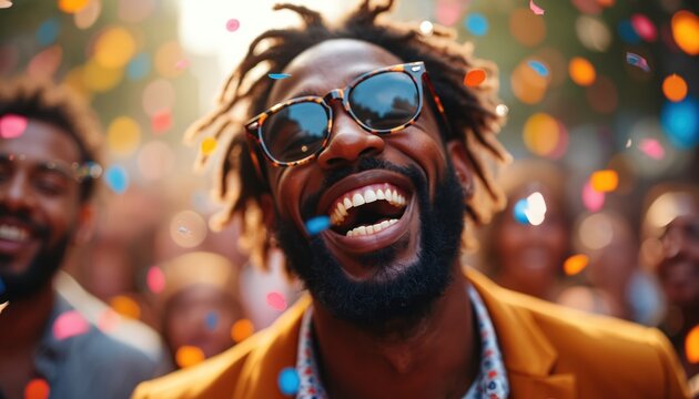 Happy black man with dreadlocks, sunglasses laughs joyfully confetti falls around at outdoor gathering. Diverse friends share in celebratory atmosphere, embracing success, good times together. - Powered by Adobe