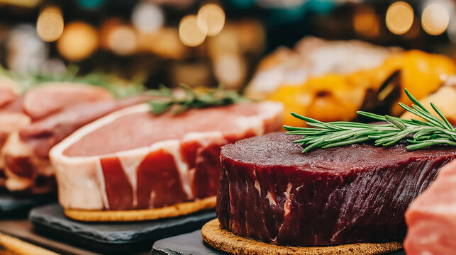 Fresh raw beef and pork loin cuts displayed with rosemary sprigs, ready for cooking and culinary preparation