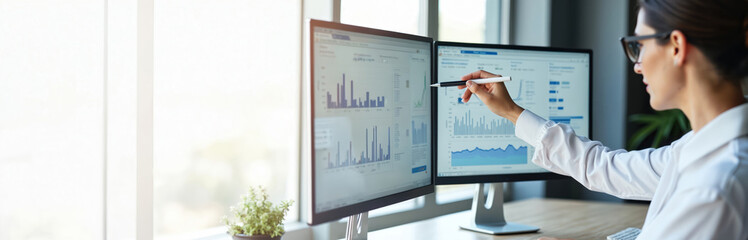 Woman points pen to charts on computer. Female analyst works with data on dual screens. Businesswoman examines financial graphs in office. Business, tech, finance concepts are relevant.