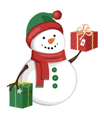 Cute Christmas snowman with gifts. Vector illustration