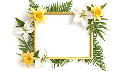 Golden rectangular frame decorated with bright yellow daffodils and white lilies surrounded by vibrant green fern fronds