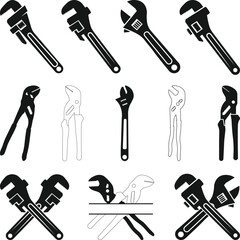 Spud Wrench, Adjustable Wrench spanner Silhouette, Pipe Wrench Tool Collection isolated Vector Illustration