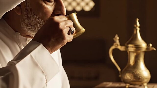 Elderly Arab man enjoying traditional Arabic coffee from a golden cup.