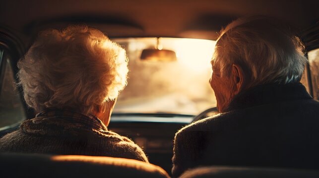 Elderly couple sits facing forward inside an automobile with bright sunlight illuminating their backs