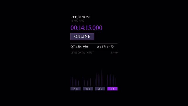 Futuristic digital timer HUD interface animation with glowing purple numbers, progress bars, and online status on a dark background. Perfect for sci fi motion graphics, technology intros, and AI.  - Powered by Adobe
