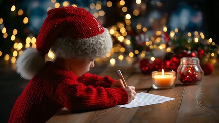 Faceless child in a red sweater and Santa hat writing a Christmas letter on a wooden desk lit by candlelight, background softly defocused with twinkling garlands, with copy space - Powered by Adobe