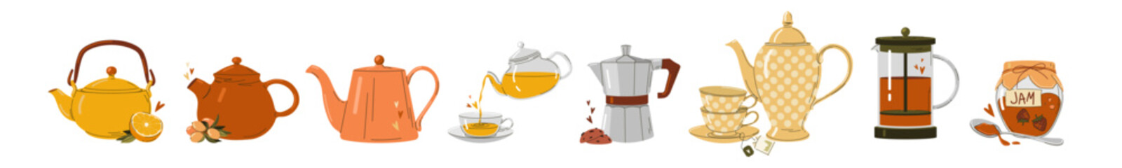 Cozy tea and coffee autumn vector set with teapot, coffeemakers and sweets
