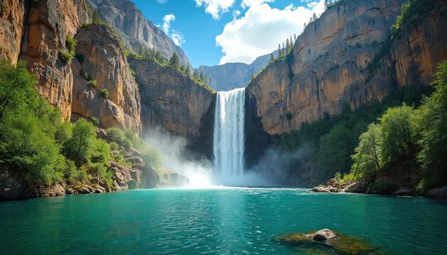Majestic waterfall cascades into turquoise water lake. High cliffs surround water. Green trees grow on rocky hills. Scenery provides tranquil nature background, ideal for travel posters eco tourism. - Powered by Adobe