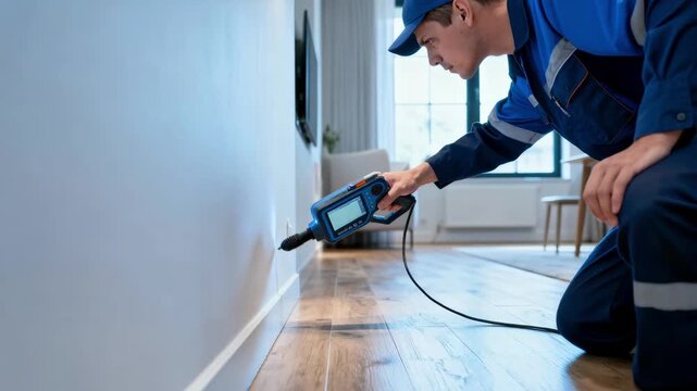 Technician using advanced sonic equipment to detect hidden water leaks inside residential walls in a modern home interior.