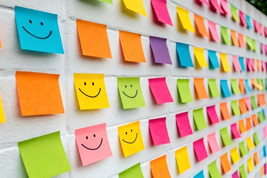 Wall of colorful sticky notes with hand drawn smiley faces creating a cheerful and positive visual background