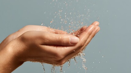 Fototapeta premium view shows hands cupping clear water splashing down against a muted background.