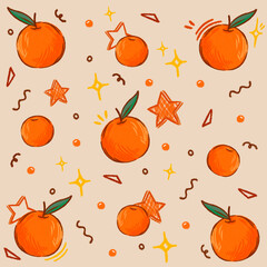 Seamless patterns orange fruit with stars and abstract shapes, orange patterns