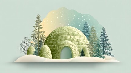 Stylized geometric snow dwelling nestled among evergreen trees during a light snowfall