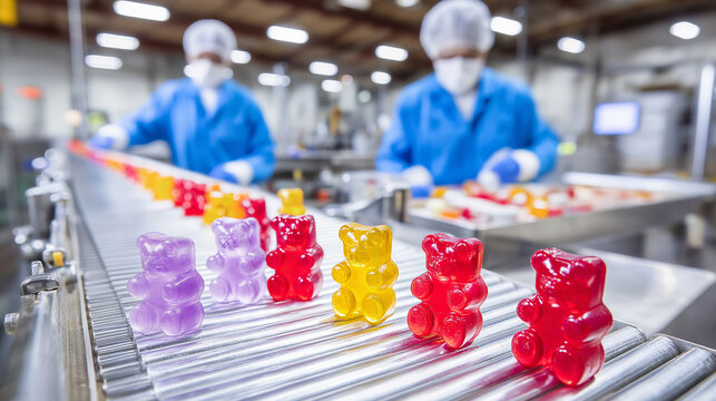Colorful gummy bears moving along automated conveyor belt in food processing plant with workers performing quality control