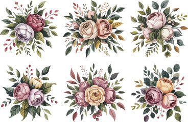 Elegant floral bouquets for spring celebrations and wedding designs, watercolor style, perfect for invitations, cards, and sophisticated stationery projects