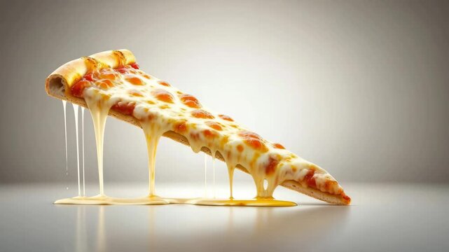 Golden pizza slice being dipped with rich melted cheese detailed shot of pizza slice gooey melted cheese being stretched during dip appetizing food