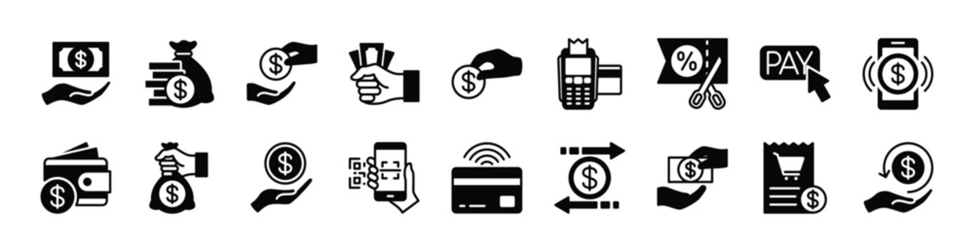 Payment transaction icon vector set. Contains cash, bank transfer, change money, pay button, discount price, digital mobile method, QR code, receipt, credit card, transfer, wallet. Illustration