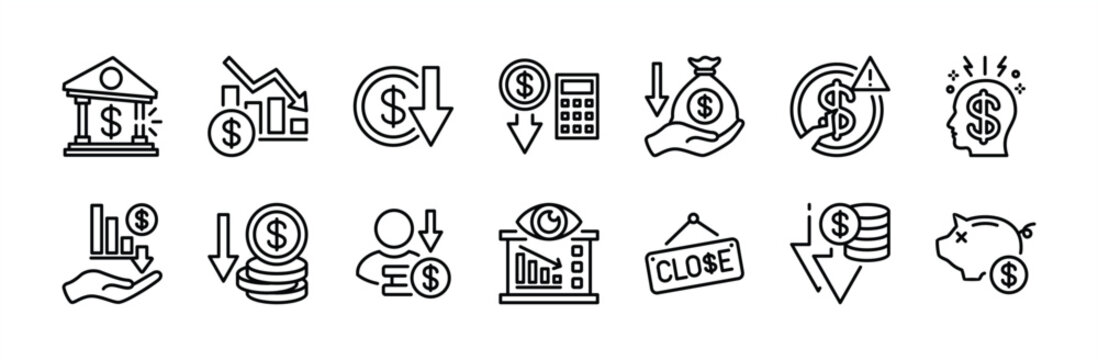 Bankrupt thin line icon set. Contains bank, bankruptcy, calculate loss, decline chart, dollar value down or falls, economic crisis, close, savings exhausted, depression, lost money, decrease. Vector