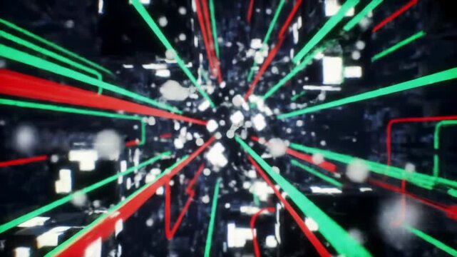 Expansive high-tech digital network video with glowing monolithic server arrays and vibrant red, emerald green data streams, filmed with slow dolly and orbital movement amidst volumetric lighting and