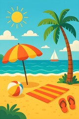 Obraz premium Sunny tropical beach with umbrella and palm tree