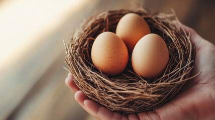 Hand holding bird nest with natural eggs, concept of protection, care, investment, and future growth