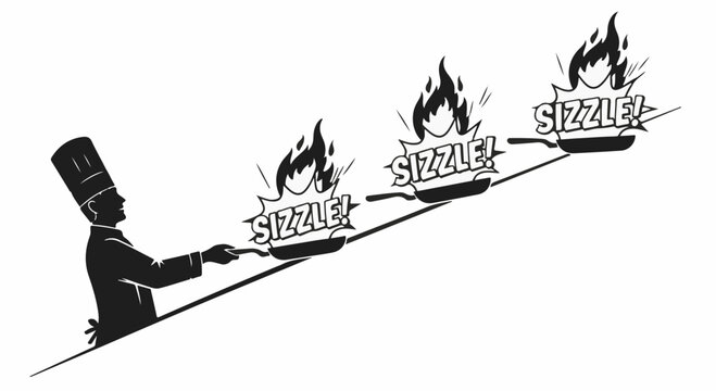 Chef proudly presents sizzling pans in a dynamic culinary performance.