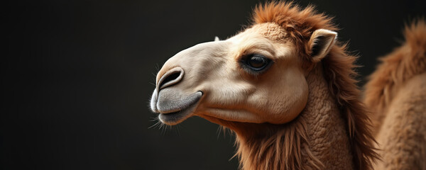 Obraz premium Close up profile shows dromedary camel face detail. Long lashes frame dark eyes. Furry neck and snout texture is visible. Animal gazes forward on black background.