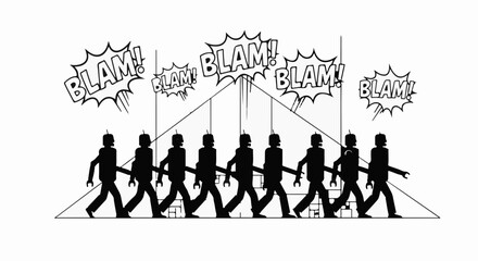 Silhouetted figures in a rhythmic march under a barrage of comic-style "BLAM!" sound effects.