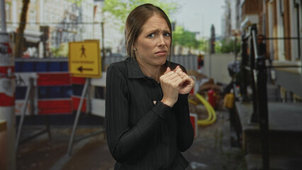 Woman young hispanic with hands raised palms out near barricade and warning sign at construction...