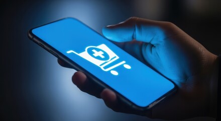 Mobile Pharmacy Shopping: Hand Holding Smartphone with Glowing Shopping Cart and Medical Cross Icon for Online Health and E-commerce
