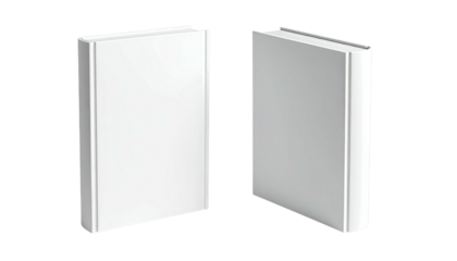 Two blank white book covers, upright, with spine visible, rendered on a transparent background