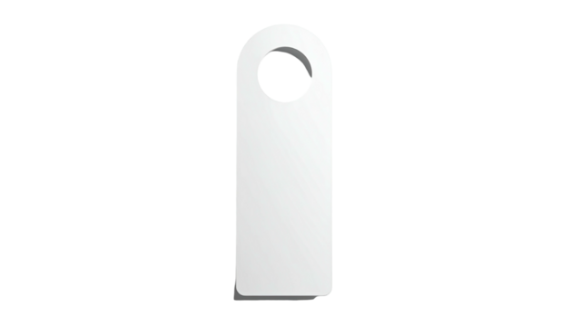 A blank, white elongated tag with a circular hole at the top and a slight shadow