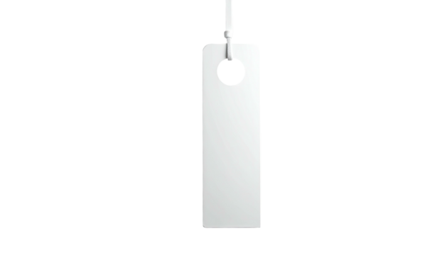 Plain white rectangular tag hangs by a thin loop against a black background